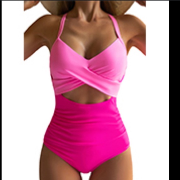 NWT! EoMenie Neon Pink Cut Out Wrap Tummy Control One Piece Swimsuit M - Picture 1 of 8